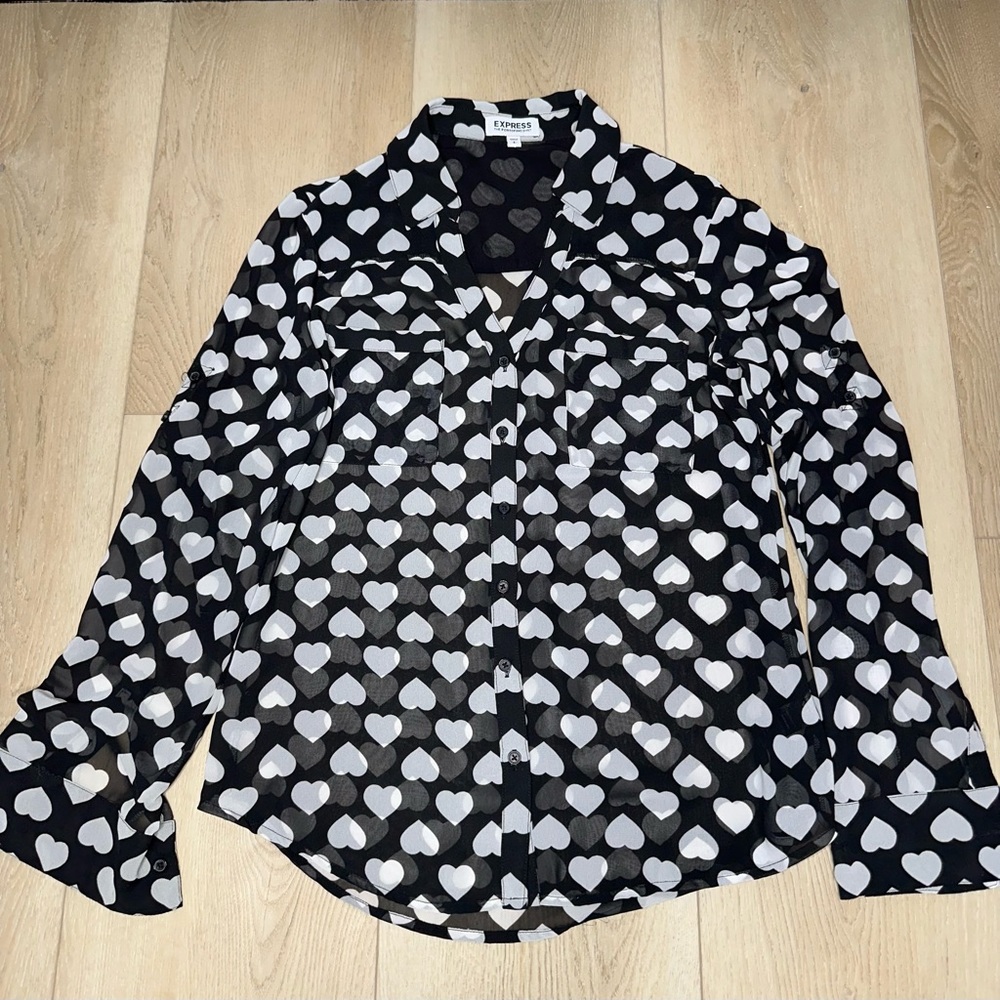 Express Heart Sheer Long Sleeve Button Down Shirt, Size Small